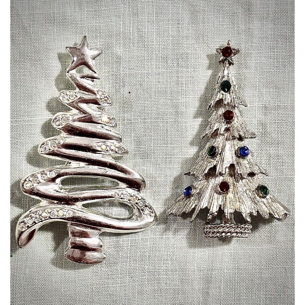 Vintage Christmas Tree Brooch Lot Rhinestone Silver Tone Holiday Pins 2